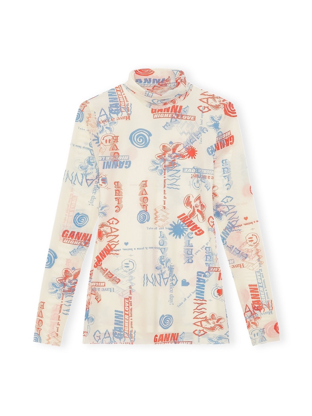 Ganni Off White Recylcled Long Sleeve Turtleneck with Red & Blue Prints - NWOT